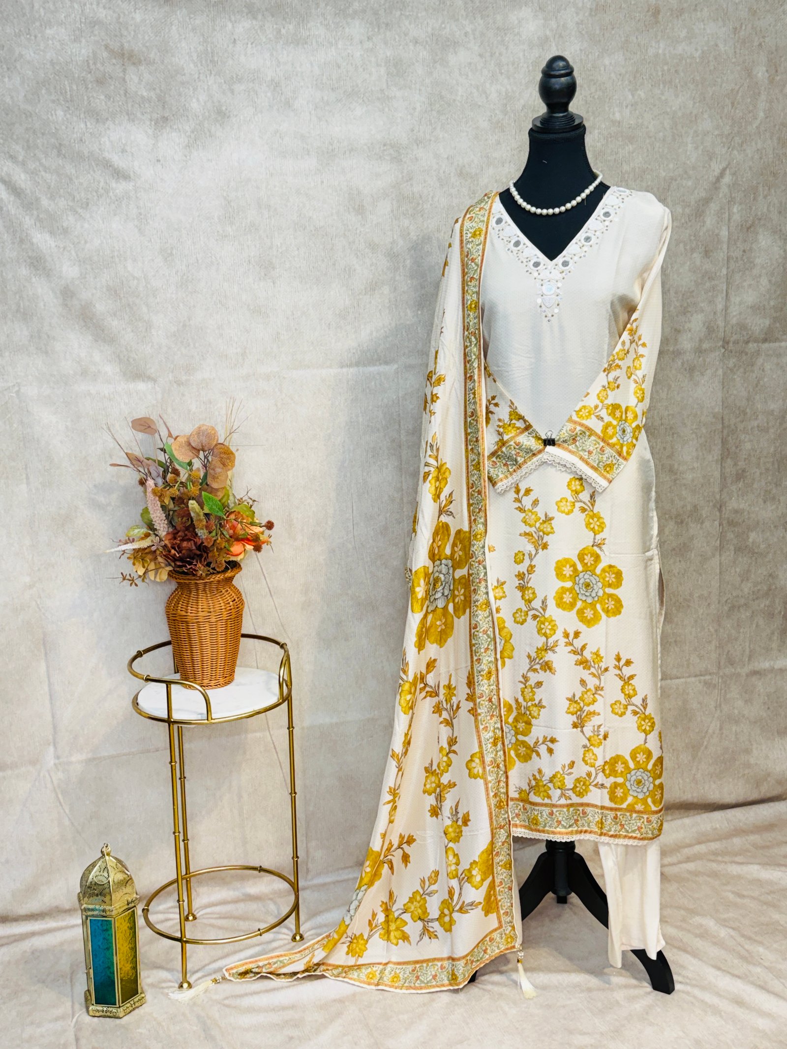Pure Muslin Cotton Suit with Mirror Work on Neck